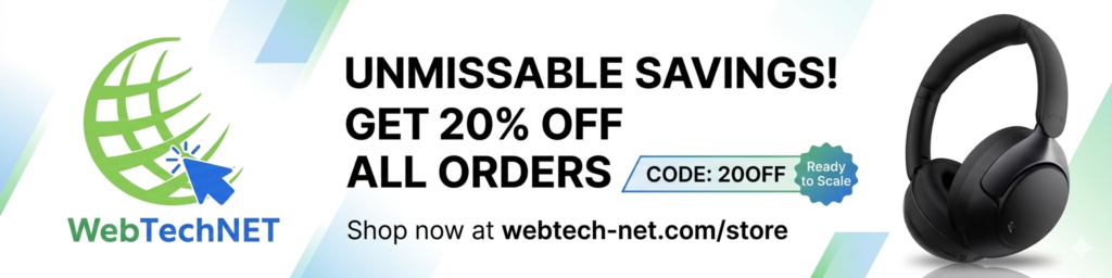 Promotional banner for WebTechNET: bold text offering 20% off all orders with code 20OFF, WebTechNET logo left and black headset on the right, ready to scale badge visible.